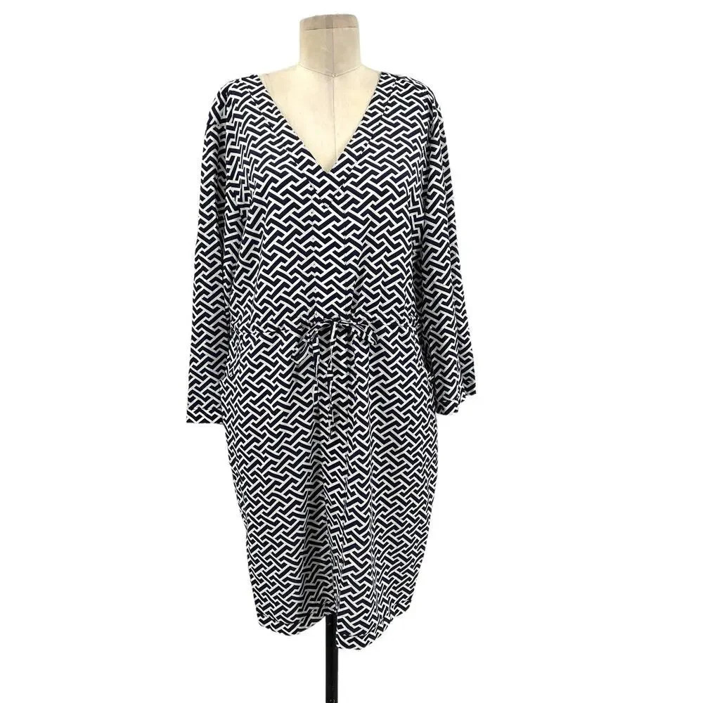 Peter Millar Navy Blue White Geometric Print Stripe Drawstring Dress Size XL